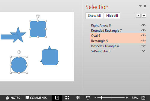 Two shapes selected in Pane and on the slide Two shapes selected in Pane and on the slide