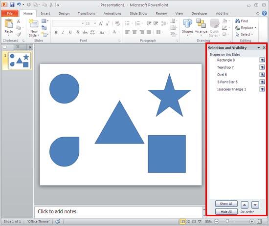 Selection and Visibility task pane