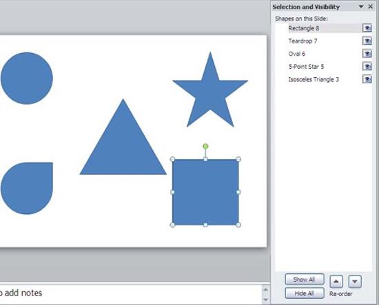 Shape selected in task pane and on the slide