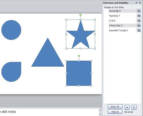 Two shapes selected in task pane and on the slide