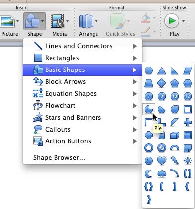 Pie shape selected in the Basic Shapes sub-menu of the Shape gallery