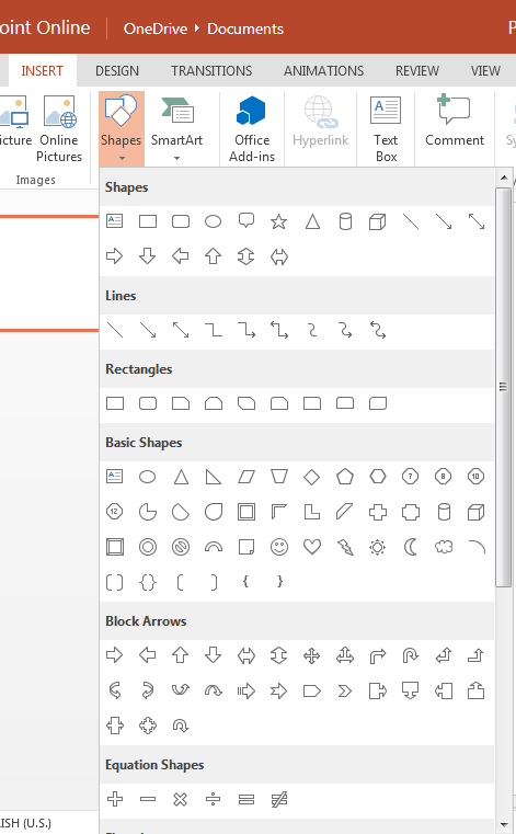Shapes drop-down gallery