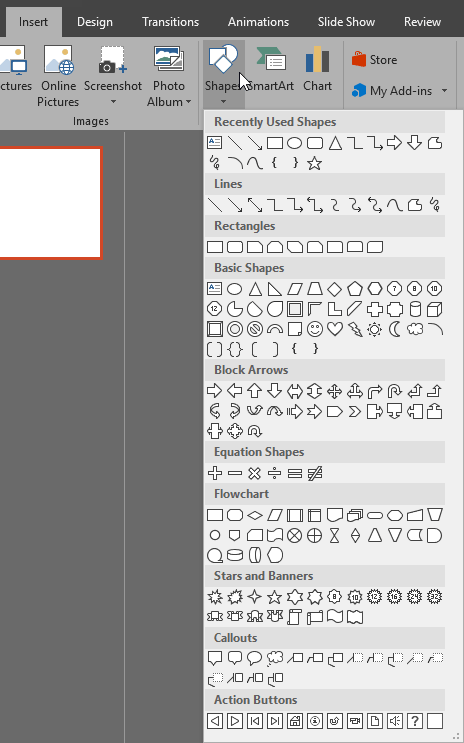 Shapes drop-down gallery