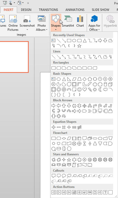 Shapes drop-down gallery