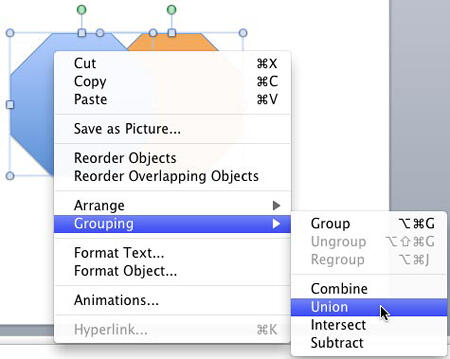 Union command selected within the Grouping sub-menu