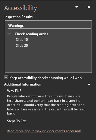 Accessibility Task pane in PowerPoint 365 for Windows Accessibility Task pane in PowerPoint 365 for Windows