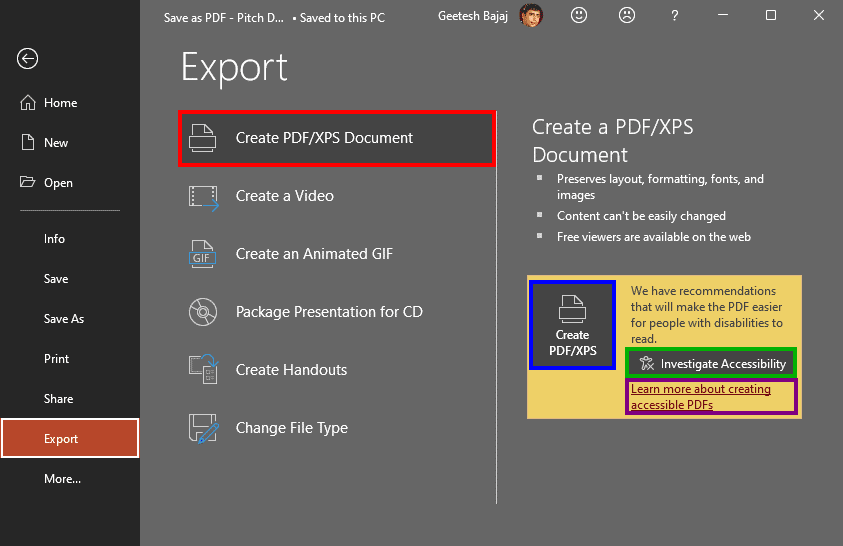 Save as PDF in PowerPoint 365 for Windows Save as PDF in PowerPoint 365 for Windows