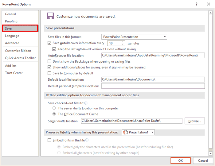 PowerPoint Options dialog box