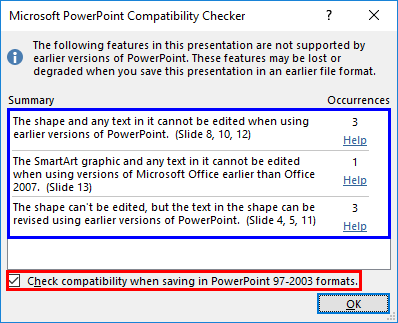Microsoft PowerPoint Compatibility Checker dialog box