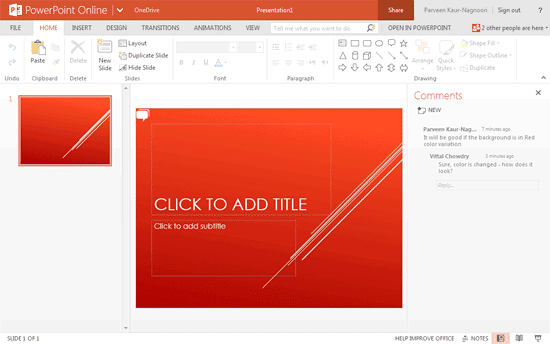 Change and reply can be seen within PowerPoint Online Change and reply can be seen within PowerPoint Online