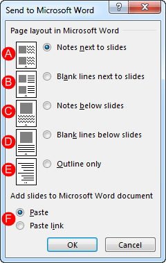 Send to Microsoft Word dialog box Send to Microsoft Word dialog box