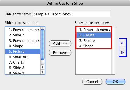 Slides added within Slides in custom show list