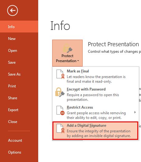 Add a Digital Signature option selected Add a Digital Signature option selected