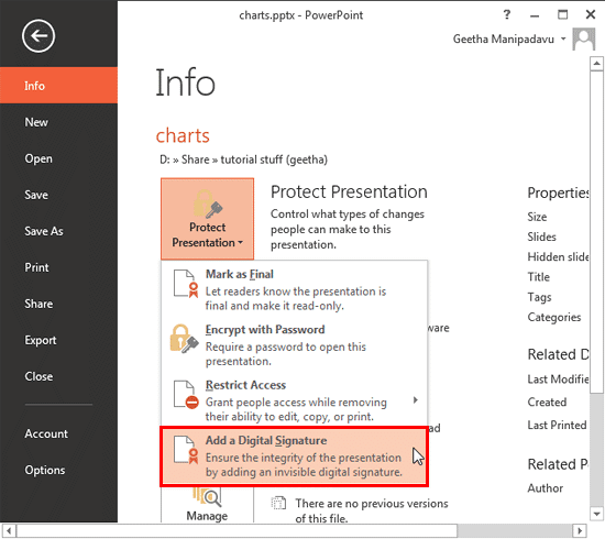Add a Digital Signature option selected within the Protect Presentation drop-down menu