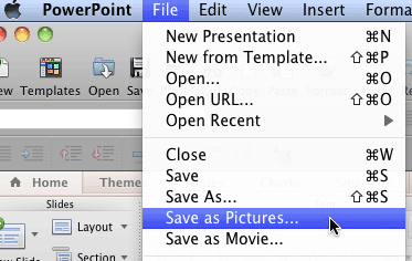 Save as Pictures option selected within the File menu Save as Pictures option selected within the File menu