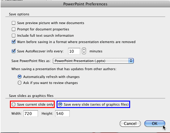 PowerPoint Preferences dialog box PowerPoint Preferences dialog box