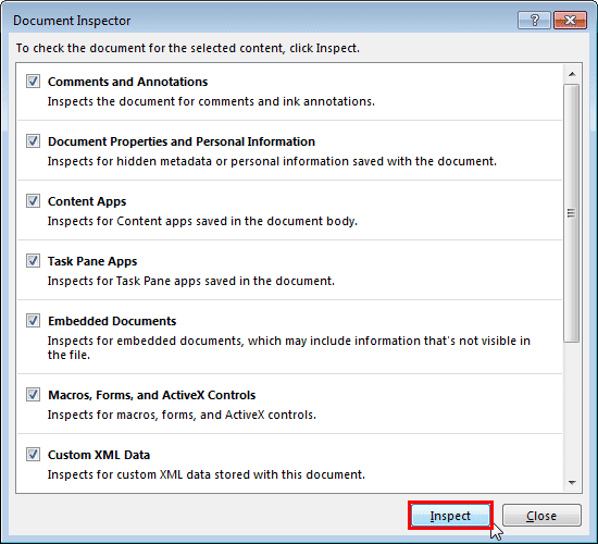 Document Inspector dialog box