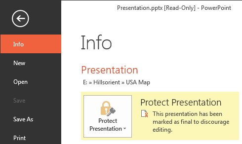 Protect Presentation area indicates the active presentation as marked as final Protect Presentation area indicates the active presentation as marked as final