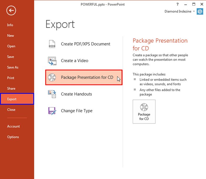 Export options within Backstage View