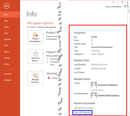Properties of the presentation within Backstage view