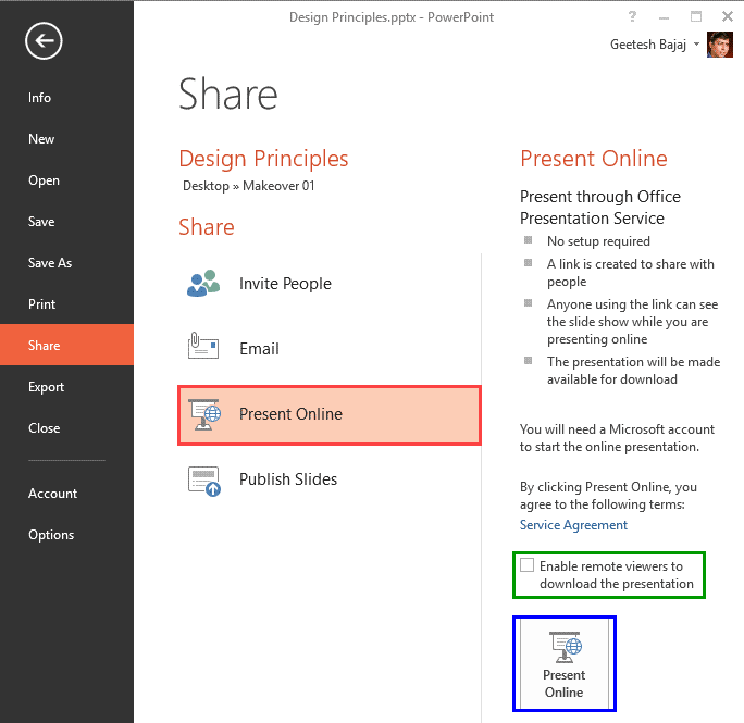 Present Online option within Backstage view