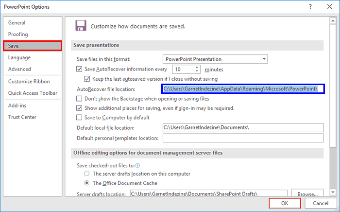 PowerPoint Options dialog box PowerPoint Options dialog box