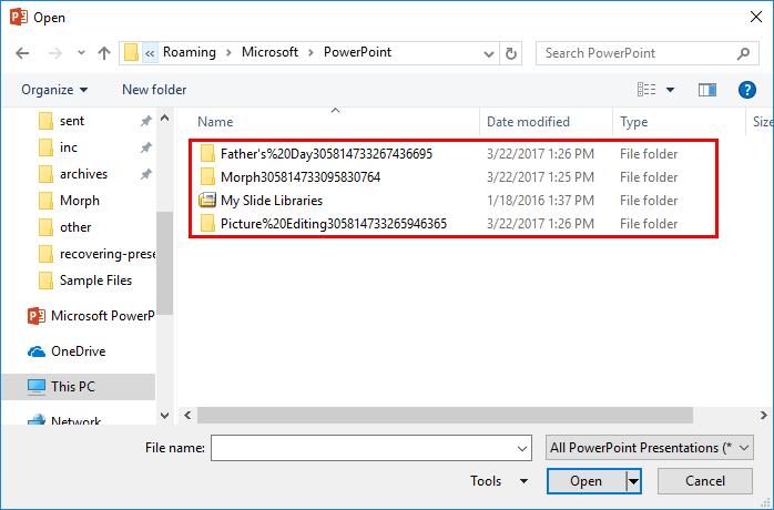 AutoRecover file location opened within Open dialog box AutoRecover file location opened within Open dialog box