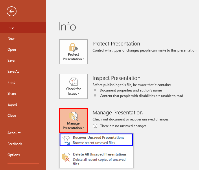 Recover Unsaved Presentations option Recover Unsaved Presentations option