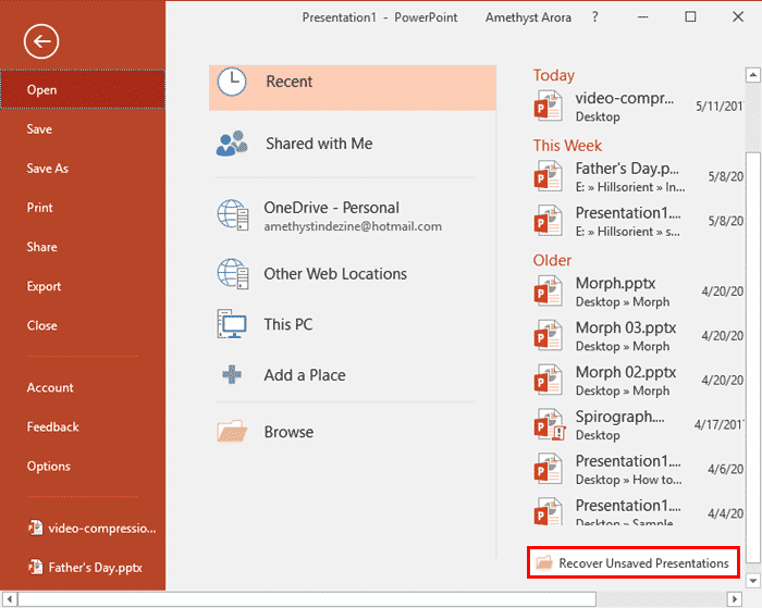 Recover Unsaved Presentations option Recover Unsaved Presentations option