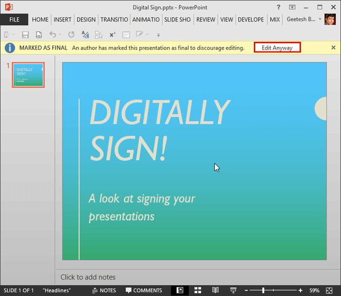 Presentation with a yellow strip above Slide Area