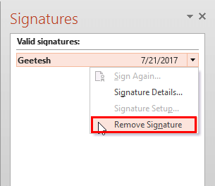Selected signatures drop-down list