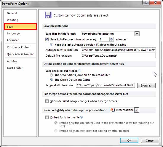 PowerPoint Options dialog box PowerPoint Options dialog box