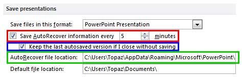 AutoRecovery options within the PowerPoint Options dialog box AutoRecovery options within the PowerPoint Options dialog box