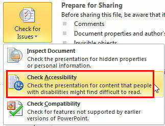 Check Accessibility option selected within the Check for Issues drop-down menu