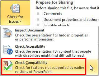 Check Compatibility option selected within the Check for Issues drop-down menu