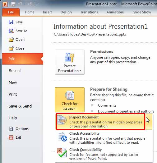 Inspect Document option selected within the Check for Issues drop-down menu Inspect Document option selected within the Check for Issues drop-down menu