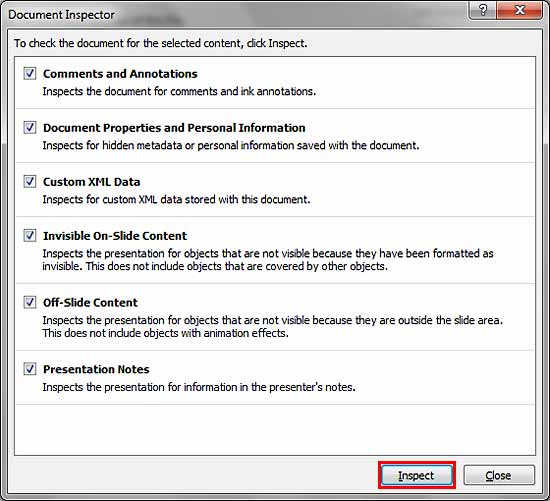 Document Inspector dialog box Document Inspector dialog box