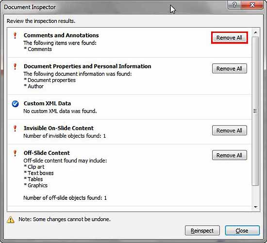 Document inspection results within the Document Inspector dialog box Document inspection results within the Document Inspector dialog box