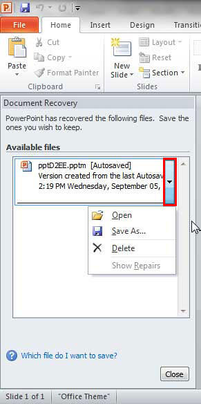Document Recovery task pane Document Recovery task pane