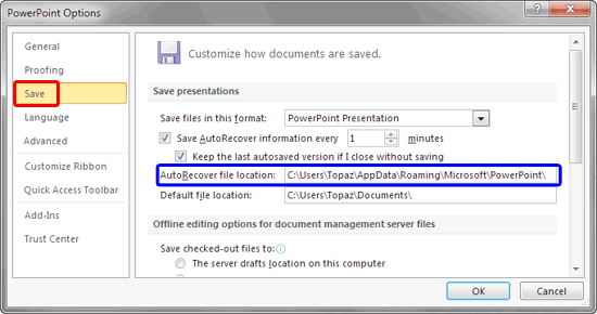PowerPoint Options dialog box PowerPoint Options dialog box