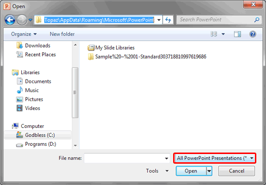 AutoRecover file location directory path within Open dialog box AutoRecover file location directory path within Open dialog box