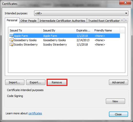 Certificates dialog box
