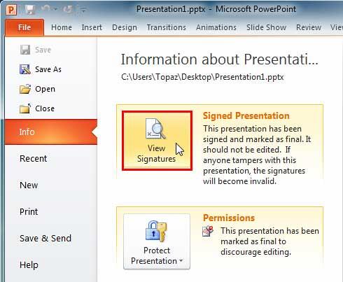 View Signatures button within the Info pane View Signatures button within the Info pane