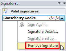 Selected signature's drop-down list Selected signature's drop-down list
