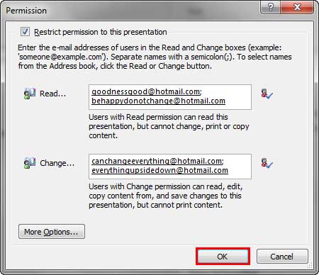 Email addresses entered within the Read and Change boxes