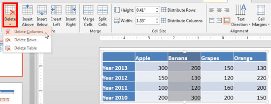 Delete a column within a table