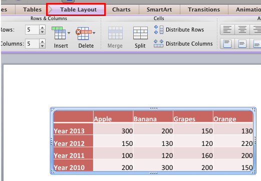 Table Layout tab of the Ribbon