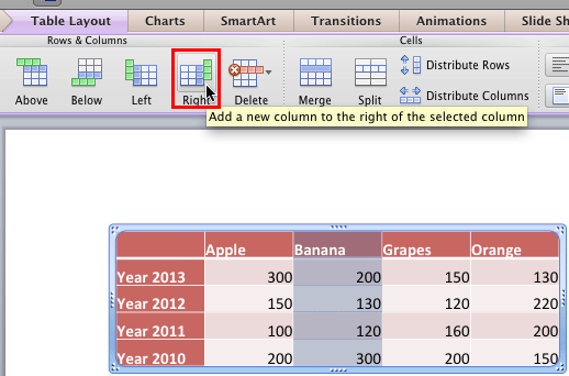 Insert a new column after the selected column