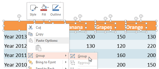 Table components within the first row being grouped
