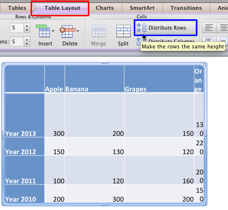 Distribute Rows option within the Table Layout tab